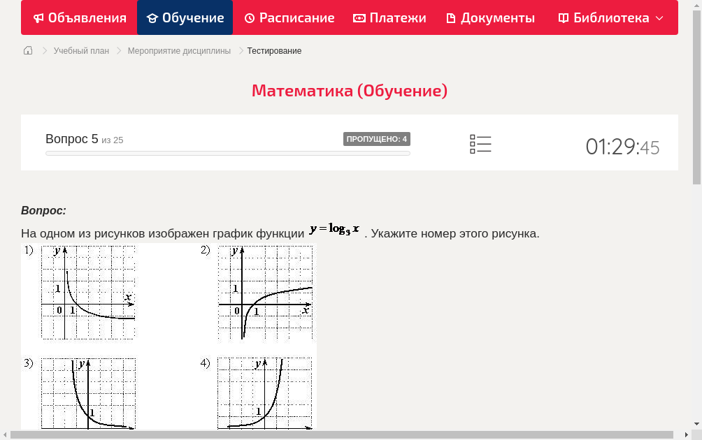 На одном из рисунков изображен график функции   . Укажите номер этого рисунка.
		